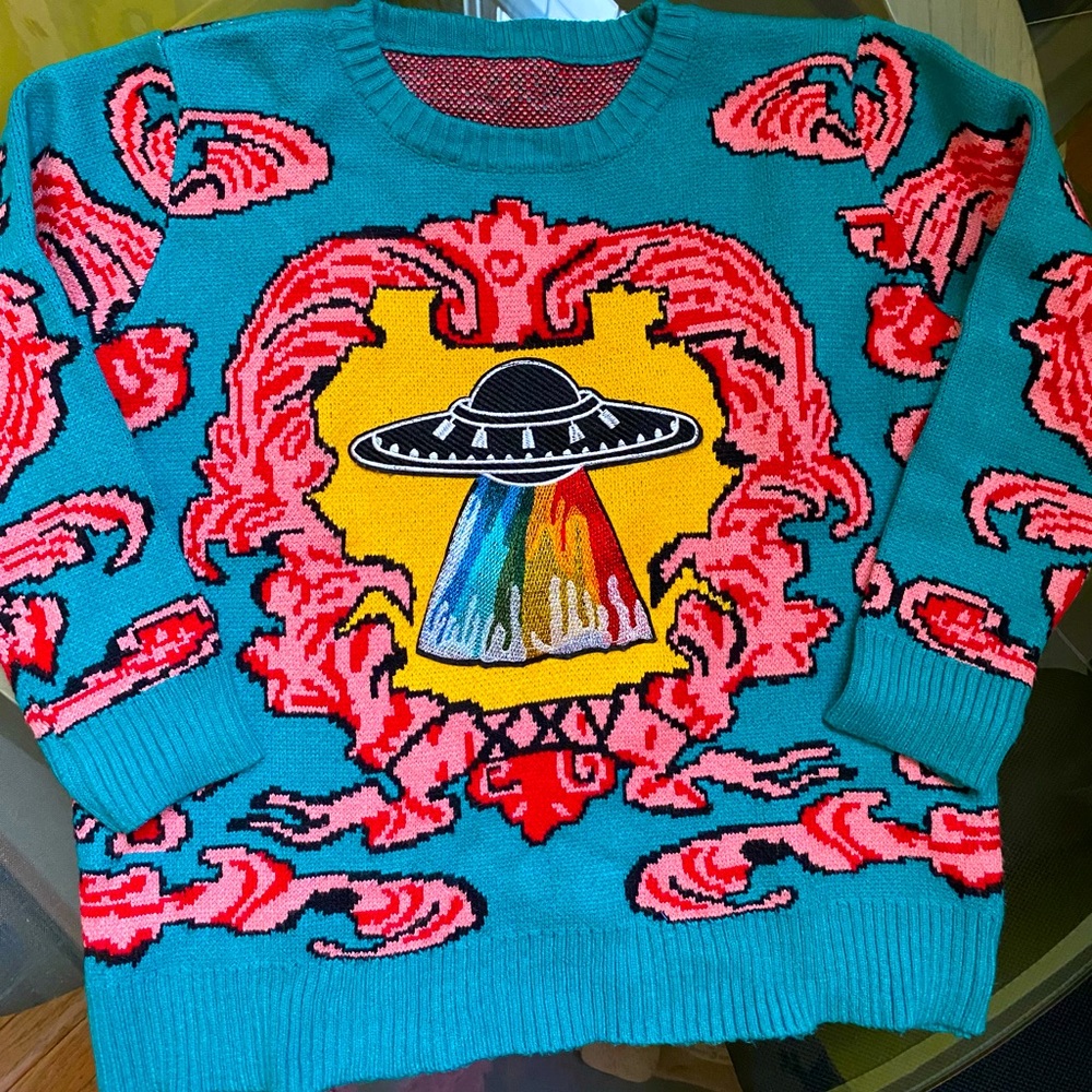 Fun Colorful Sweater w/spaceship